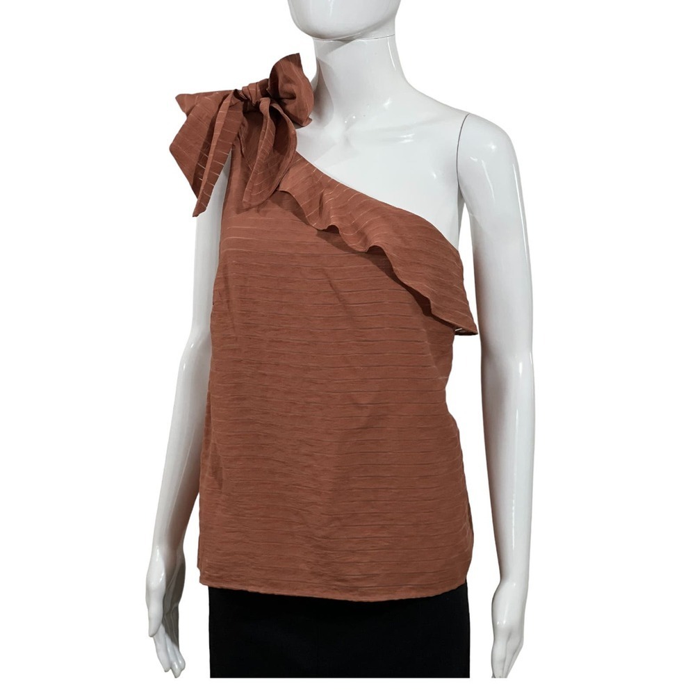 Nine West Size L Top One Shoulder Bow Raffle blouse Striped Brown Moca aesthetic